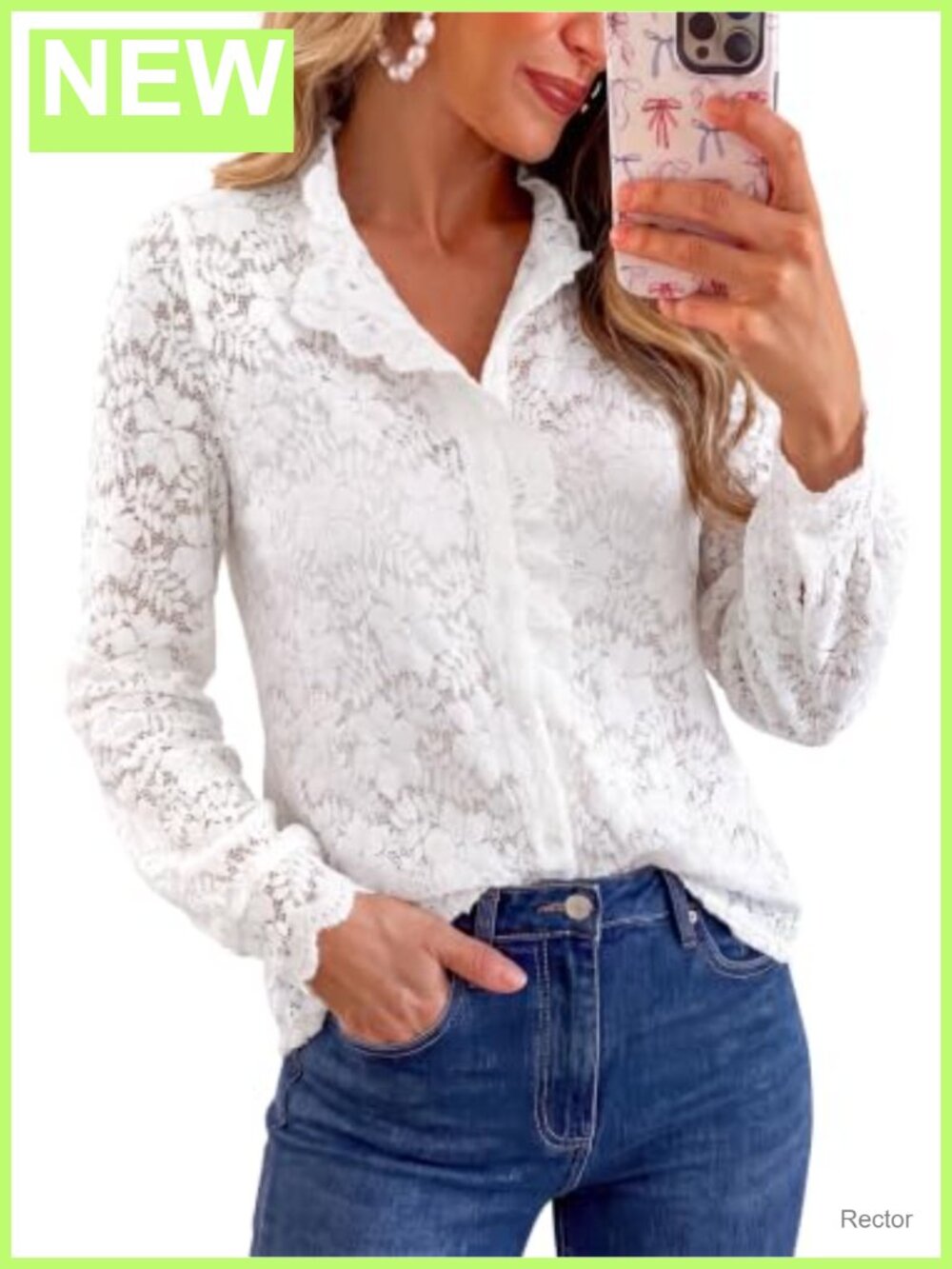 Womens Sheer Floral Lace Button Down Blouse Ruffle Collar